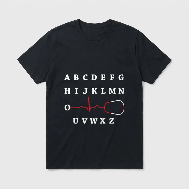 Funny PQRST Nurse T-Shirt – Alphabet with an EKG rhythm line and stethoscope – Classic T-Shirt in Black