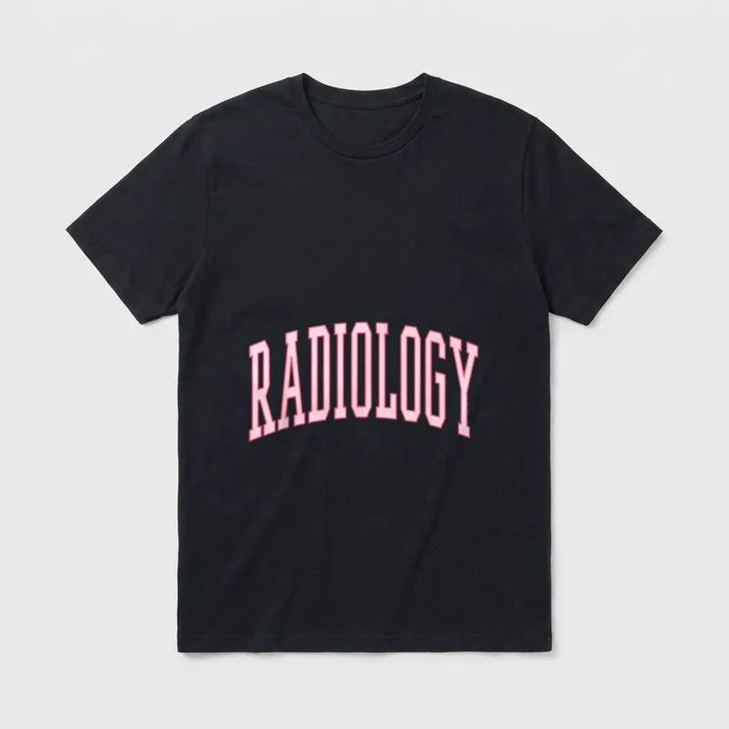 Radiology Cute Pink Preppy Nurse CT T-Shirt – The word RADIOLOGY printed in arched varsity letters – Classic T-Shirt in Black