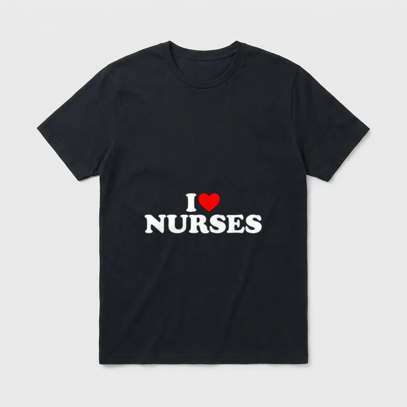 I Love Nurses Heart T-Shirt – White I and NURSES lettering with a central red heart – Classic T-Shirt in Black