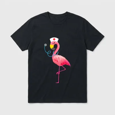 Nurse Flamingo Funny Lover Nursing T-Shirt – Pink flamingo wearing nurse cap and blue stethoscope – Classic T-Shirt in Black