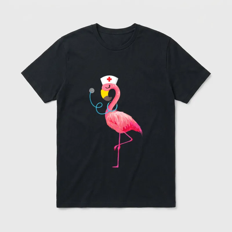 Nurse Flamingo Funny Lover Nursing T-Shirt – Pink flamingo wearing nurse cap and blue stethoscope – Classic T-Shirt in Black