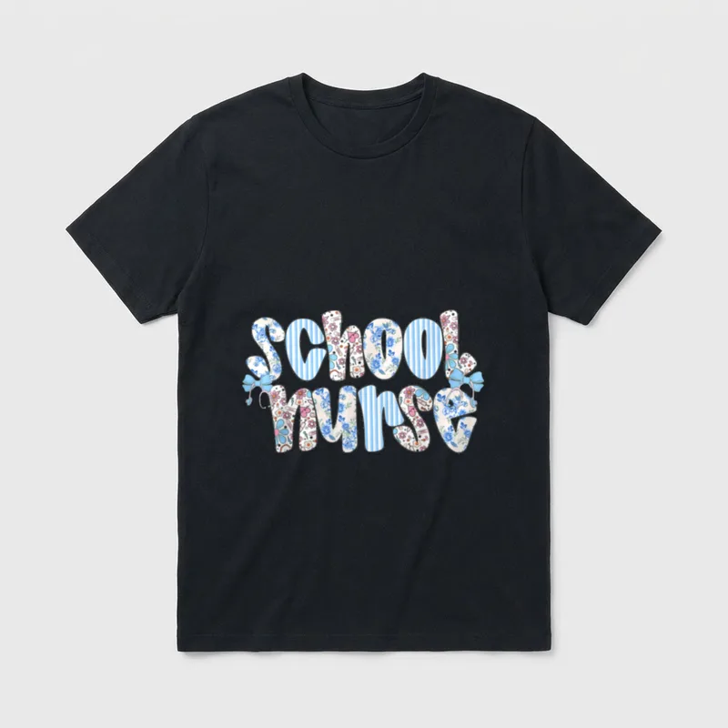 Nurse Life School T-Shirt – School nurse lettering with floral patterns and bows – Classic T-Shirt in Black