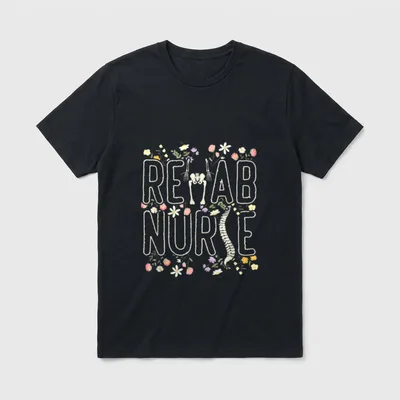 Rehab Technician Nurse T-Shirt – REHAB NURSE lettering with anatomical bone art and wildflowers – Classic T-Shirt in Black