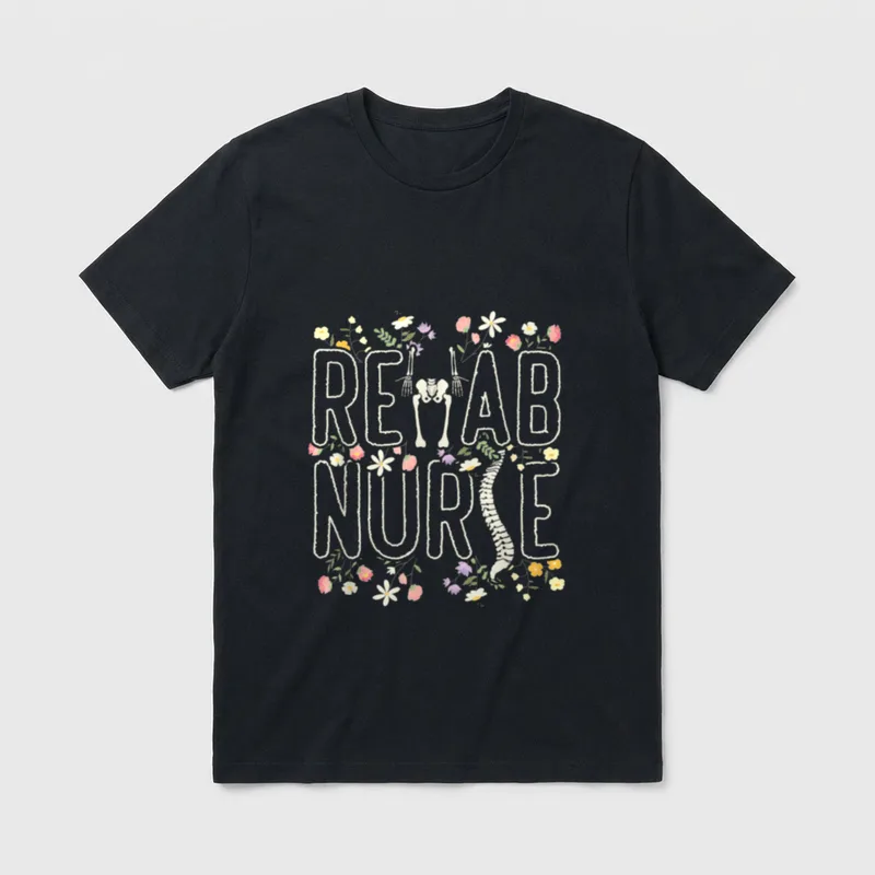 Rehab Technician Nurse T-Shirt – REHAB NURSE lettering with anatomical bone art and wildflowers – Classic T-Shirt in Black