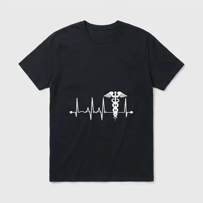 Heartbeat Caduceus T-Shirt – Winged caduceus staff integrated into a heartbeat pulse rhythm line – Classic T-Shirt in Black