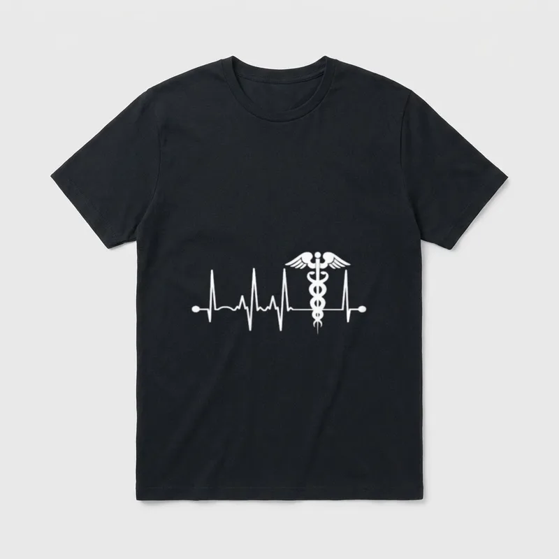 Heartbeat Caduceus T-Shirt – Winged caduceus staff integrated into a heartbeat pulse rhythm line – Classic T-Shirt in Black