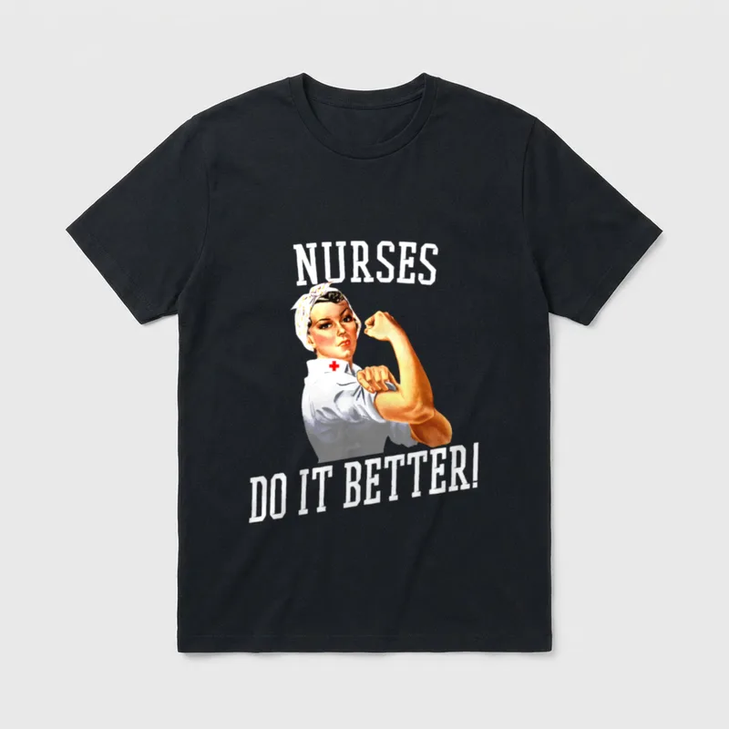 Nurses Do It Better T-Shirt – Retro nurse flexing bicep with collegiate block text – Classic T-Shirt in Black