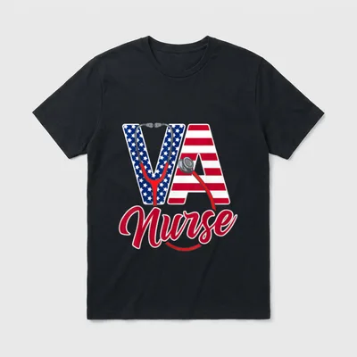 VA Nurse Squad T-Shirt – VA Nurse lettering with patriotic patterns and red stethoscope – Classic T-Shirt in Black