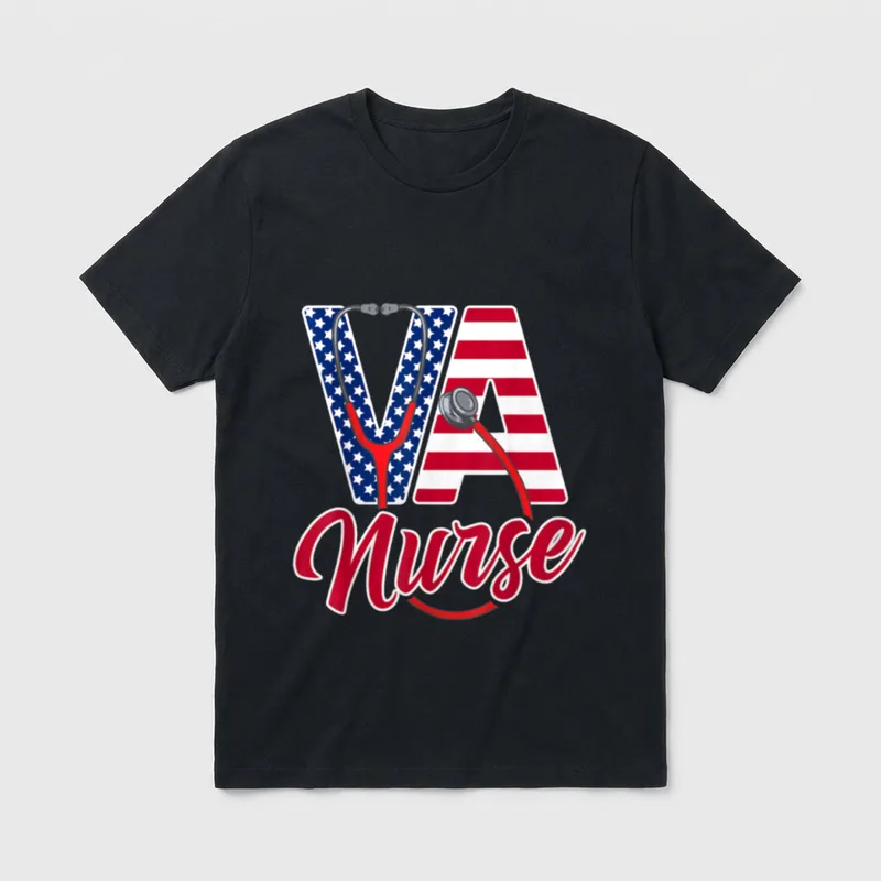VA Nurse Squad T-Shirt – VA Nurse lettering with patriotic patterns and red stethoscope – Classic T-Shirt in Black