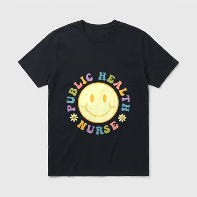 Public Health Nurse T-Shirt – Printed words PUBLIC HEALTH NURSE framing a big yellow smiley face – Classic T-Shirt in Black