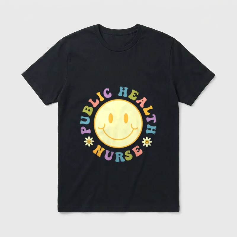 Public Health Nurse T-Shirt – Printed words PUBLIC HEALTH NURSE framing a big yellow smiley face – Classic T-Shirt in Black