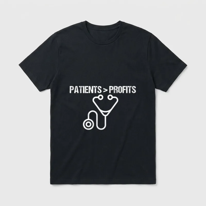 Nurse Strike T-Shirt – PATIENTS > PROFITS text with stethoscope outline graphic – Classic T-Shirt in Black