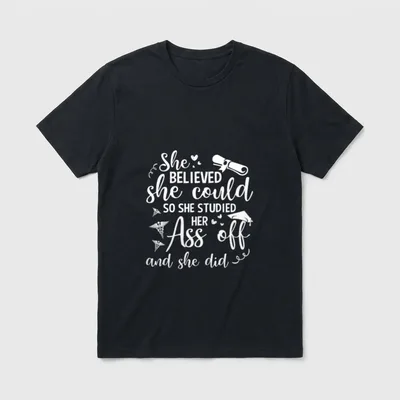 Studied Her Ass Off Nurse T-Shirt – Diploma, caduceus emblems, cap, and graduation lettering – Classic T-Shirt in Black