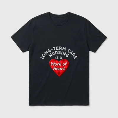 Long-Term Care Nurse Nursing Work Heart T-Shirt – Red plaid heart with text Work of Heart – Classic T-Shirt in Black
