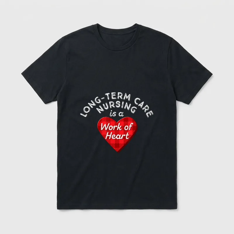 Long-Term Care Nurse Nursing Work Heart T-Shirt – Red plaid heart with text Work of Heart – Classic T-Shirt in Black