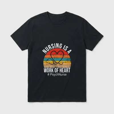 Nursing Is a Work of Psych T-Shirt – Stethoscope heart on vintage sunset with psych nurse text – Classic T-Shirt in Black