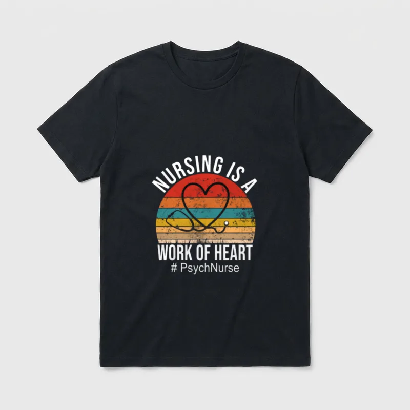 Nursing Is a Work of Psych T-Shirt – Stethoscope heart on vintage sunset with psych nurse text – Classic T-Shirt in Black