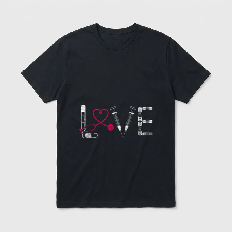 Nurse RN LPN CNA Doctor LOVE T-Shirt – Medical tools spelling LOVE with a heart stethoscope – Classic T-Shirt in Black