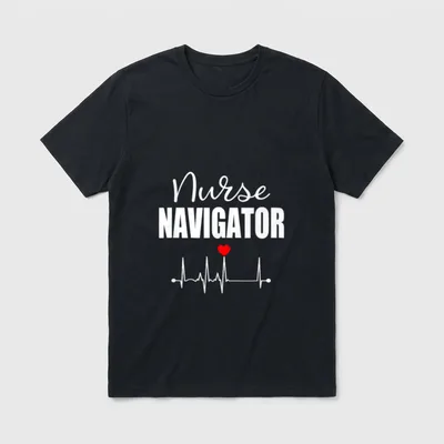 Nurse Navigator T-Shirt – White script Nurse with block NAVIGATOR, pulse line, and red heart – Classic T-Shirt in Black