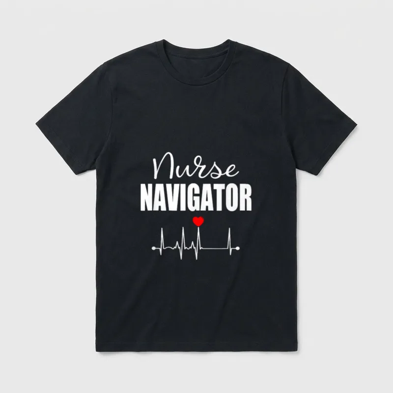 Nurse Navigator T-Shirt – White script Nurse with block NAVIGATOR, pulse line, and red heart – Classic T-Shirt in Black