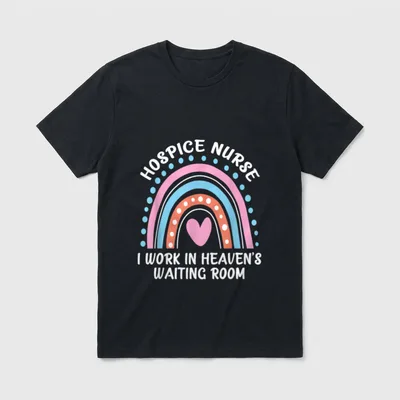 Hospice Nurse I Work in Heaven's T-Shirt – Pastel arch rainbow, heart, and hospice nurse lettering – Classic T-Shirt in Black