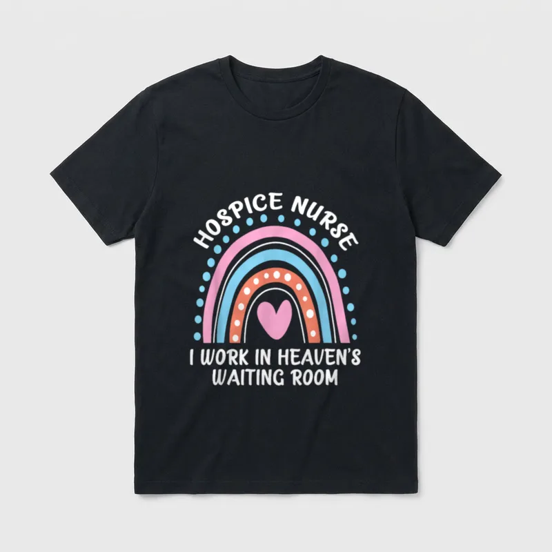 Hospice Nurse I Work in Heaven's T-Shirt – Pastel arch rainbow, heart, and hospice nurse lettering – Classic T-Shirt in Black