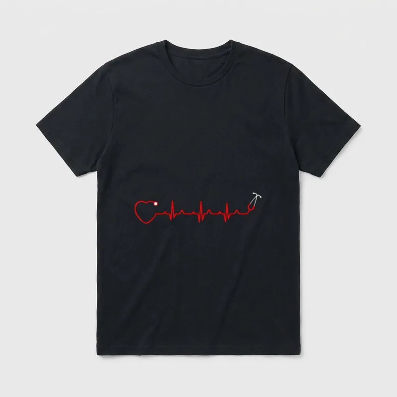 Nurse Heartbeat Nursing Job T-Shirt – Red heartbeat pulse line with heart outline and stethoscope – Classic T-Shirt in Black