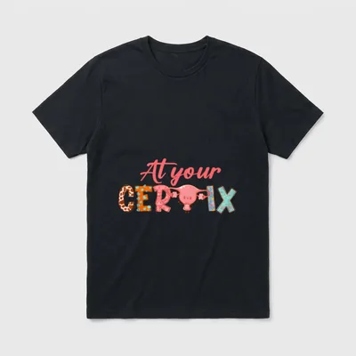 Nursing Unique OBGYN-themed T-Shirt – Smiling cartoon uterus with lettering reading At your CERVIX – Classic T-Shirt in Black