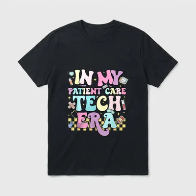 Patient Care Tech Era PCT Nurse T-Shirt – “IN MY PATIENT CARE TECH ERA” in pastel letters – Classic T-Shirt in Black