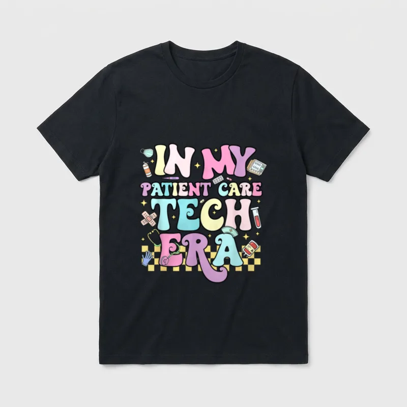 Patient Care Tech Era PCT Nurse T-Shirt – “IN MY PATIENT CARE TECH ERA” in pastel letters – Classic T-Shirt in Black