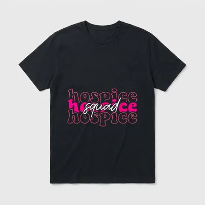 Hospice Squad Aide Nurse Nursing T-Shirt – stacked pink hospice text with white cursive squad – Classic T-Shirt in Black