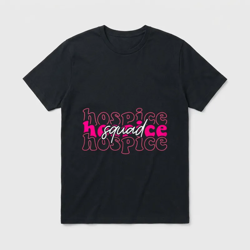 Hospice Squad Aide Nurse Nursing T-Shirt – stacked pink hospice text with white cursive squad – Classic T-Shirt in Black