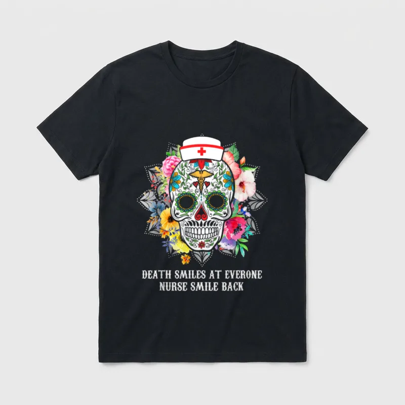 Death Smiles at Everyone Nurse Smile T-Shirt – DEATH SMILES AT EVERONE NURSE SMILE BACK – Classic T-Shirt in Black