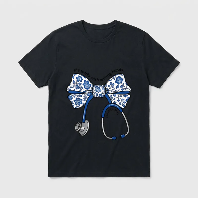 She Works with Willing Hands Nurse T-Shirt – Blue floral patterned bow and stethoscope graphic – Classic T-Shirt in Black