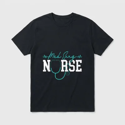 Med Surg Nurse Nursing T-Shirt – Turquoise Med Surg script above distressed NURSE with stethoscope – Classic T-Shirt in Black