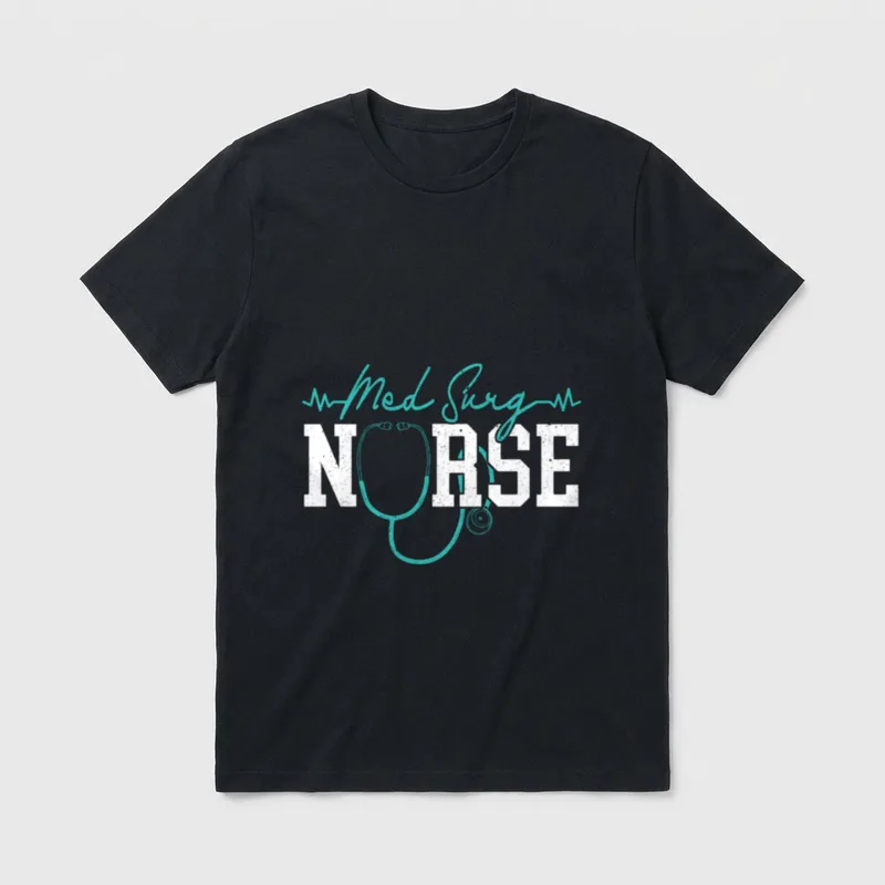 Med Surg Nurse Nursing T-Shirt – Turquoise Med Surg script above distressed NURSE with stethoscope – Classic T-Shirt in Black
