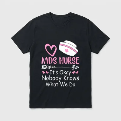 Funny MDS Nurse T-Shirt – Nurse cap, pink hearts, arrow graphic, and MDS nurse printed text – Classic T-Shirt in Black