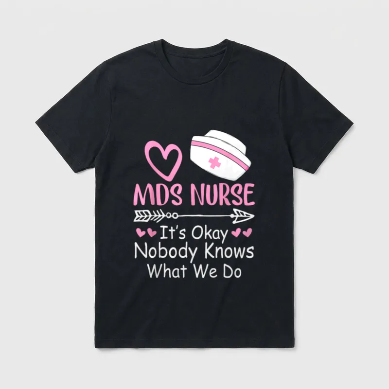 Funny MDS Nurse T-Shirt – Nurse cap, pink hearts, arrow graphic, and MDS nurse printed text – Classic T-Shirt in Black