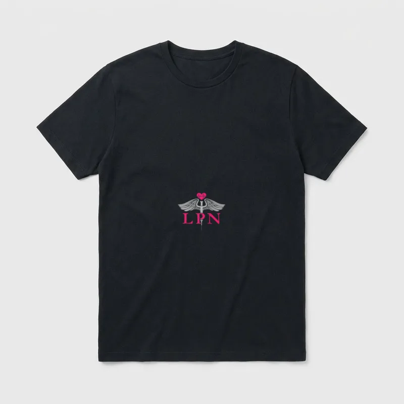 LPN Nurse Flag Caduceus Nursing Staff T-Shirt – Pink LPN lettering with winged syringe and heart – Classic T-Shirt in Black