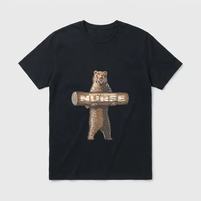 Fun Nursing Appreciation T-Shirt – Roaring bear holding a carved log reading BEAR-Y AWESOME NURSE – Classic T-Shirt in Black
