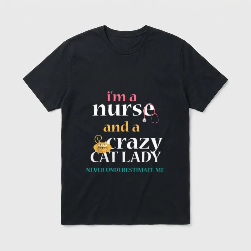 Nurse Cat Lady Funny LPN RN T-Shirt – Cartoon cat, pink stethoscope, and printed nursing quote – Classic T-Shirt in Black