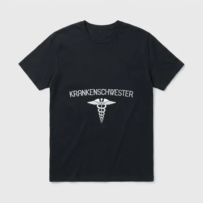 Nurse in German T-Shirt – Winged caduceus staff emblem beneath arched medical lettering – Classic T-Shirt in Black