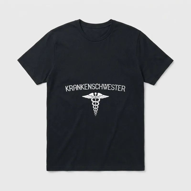 Nurse in German T-Shirt – Winged caduceus staff emblem beneath arched medical lettering – Classic T-Shirt in Black