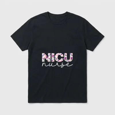 NICU Nurse Nursing Floral T-Shirt – Floral pattern NICU letters above cursive nurse script – Classic T-Shirt in Black