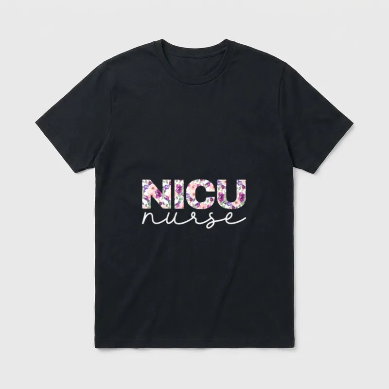 NICU Nurse Nursing Floral T-Shirt – Floral pattern NICU letters above cursive nurse script – Classic T-Shirt in Black