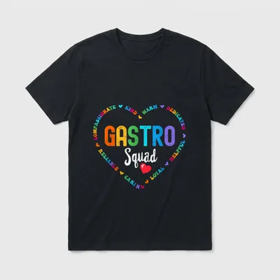 Nurse Healthcare-Worker T-Shirt – Gastro Squad surrounded by caring trait words in a heart – Classic T-Shirt in Black