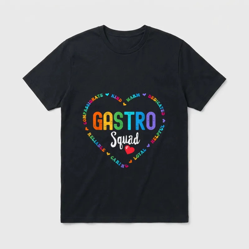 Nurse Healthcare-Worker T-Shirt – Gastro Squad surrounded by caring trait words in a heart – Classic T-Shirt in Black