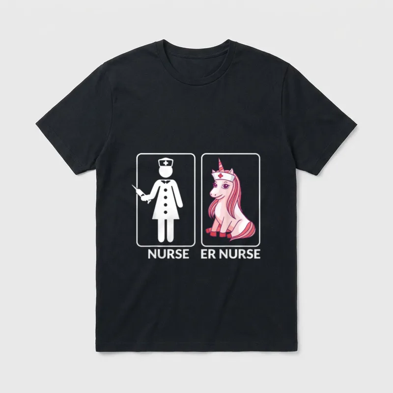 ER Nurse Vs Unicorn Nursing T-Shirt – Printed words “NURSE” and “ER NURSE” – Classic T-Shirt in Black