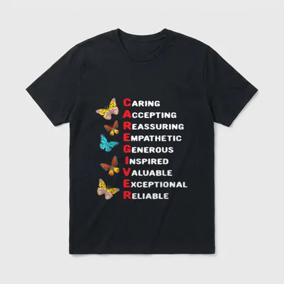 Home Care Nurse T-Shirt – Caregiver acrostic lettering surrounded by colorful butterflies – Classic T-Shirt in Black