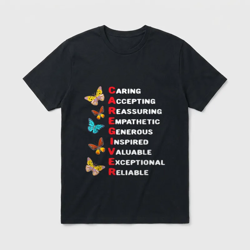 Home Care Nurse T-Shirt – Caregiver acrostic lettering surrounded by colorful butterflies – Classic T-Shirt in Black